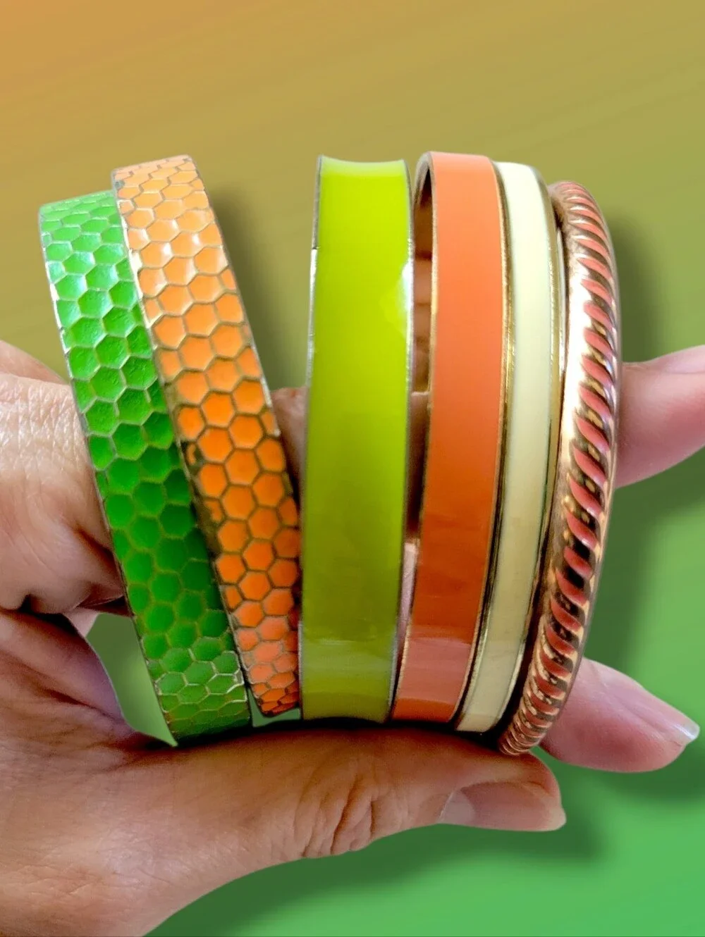 Mixed Gold Tone Orange/Green Stackable Enamel Bangle Bracelet Bundle [6pc]